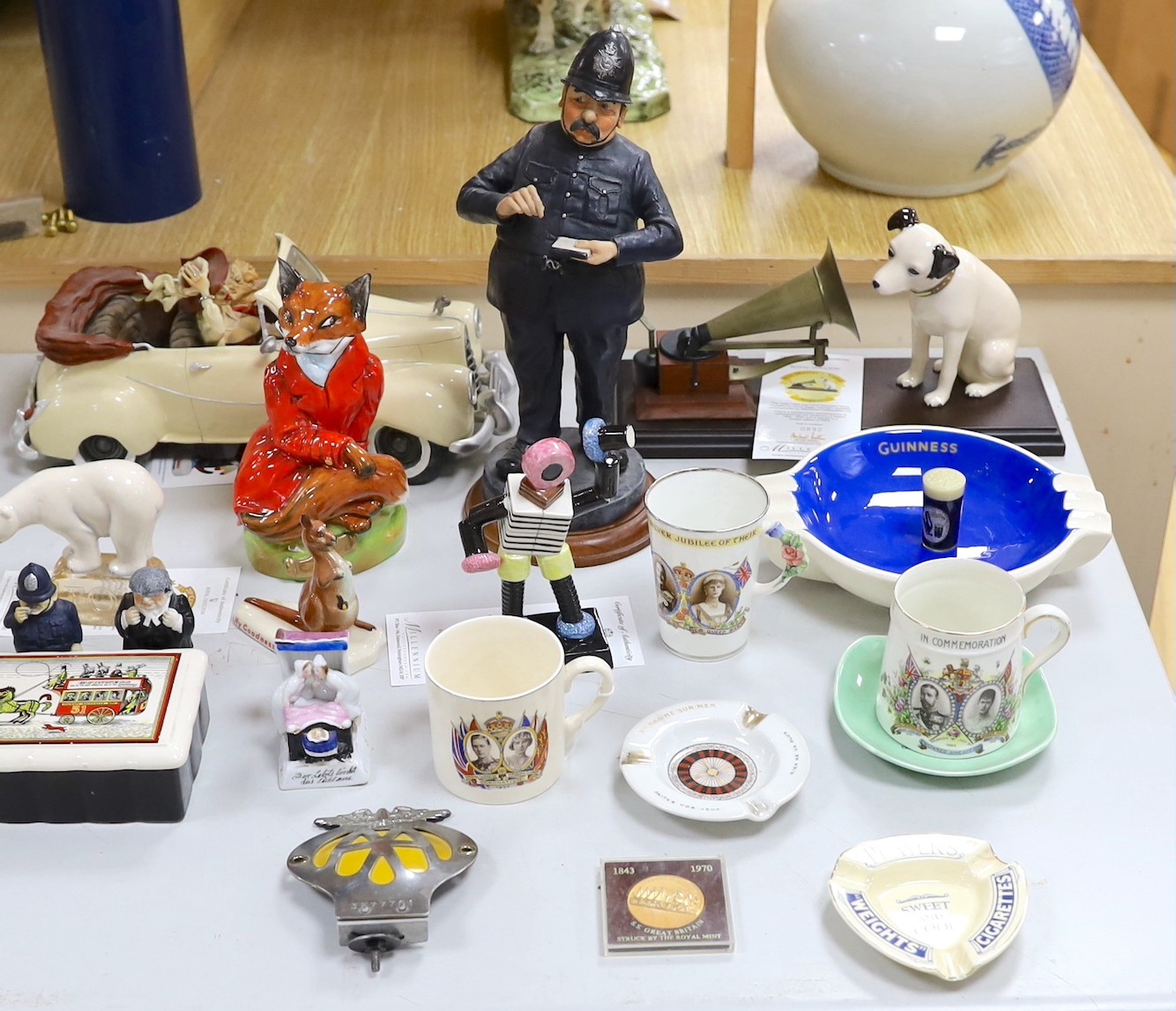 A selection of various novelty ceramics and collectibles, to include Coalport ‘Bertie Bassett’ no.798, a Royal Doulton HMV ‘Nipper’ ornament no.0892, and others